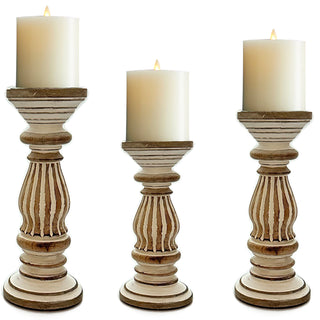 White Stripe Wooden Candle Holder ( Set of 3 )