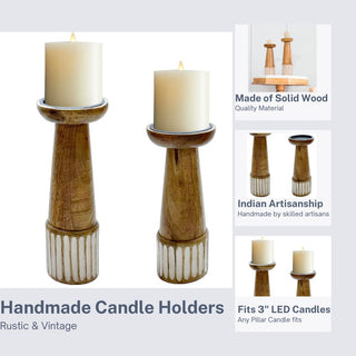 Half White Stipe Wooden Candle Holder (Set of 2)
