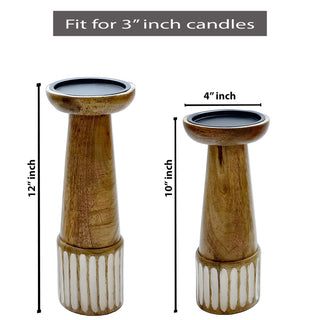 Half White Stipe Wooden Candle Holder (Set of 2)