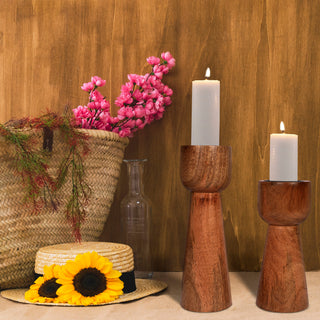 Simple Wooden Light Brown Candle Holder (Set of 2)