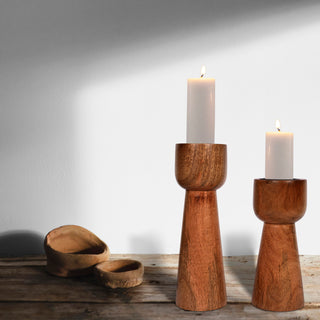 Simple Wooden Light Brown Candle Holder (Set of 2)