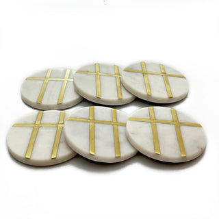 Round Marble Coaster with 3 brass strip (Set of 6)