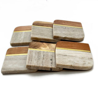 Beige Marble and Wood Coaster (Set of 6)