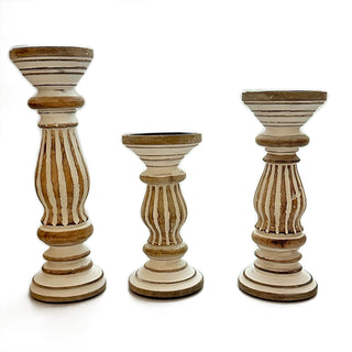 White Stripe Wooden Candle Holder ( Set of 3 )