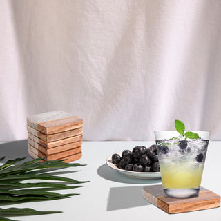 Beige Marble and Wood Coaster (Set of 6)