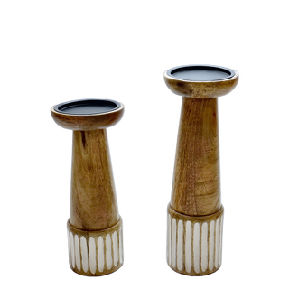 Half White Stipe Wooden Candle Holder (Set of 2)