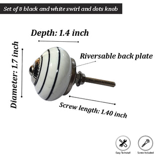 Sihi Black and White Spot Stripe Ceramic Knobs ( Set of 8 )
